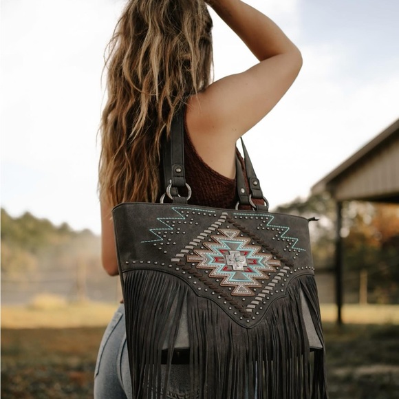 NWOT Montana West Charcoal and Turquoise Embellished Fringe Tote Bag - Picture 2 of 13